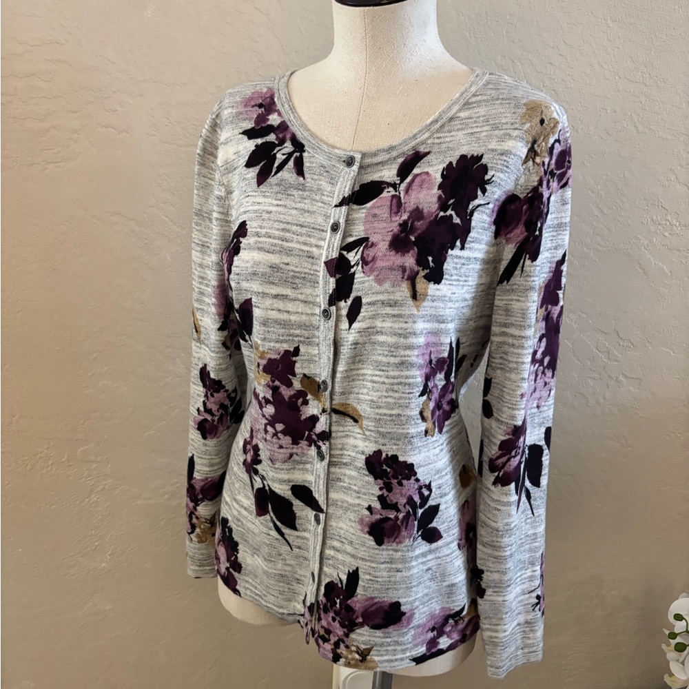 Gray Floral Button-Front Women's Sweater Cardigan - Purple Floral Sz S